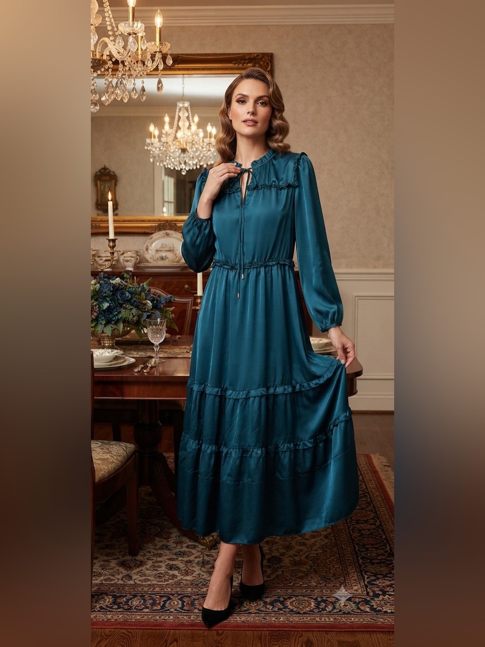 Leslie Fay Teal Satin Tiered Maxi Dress